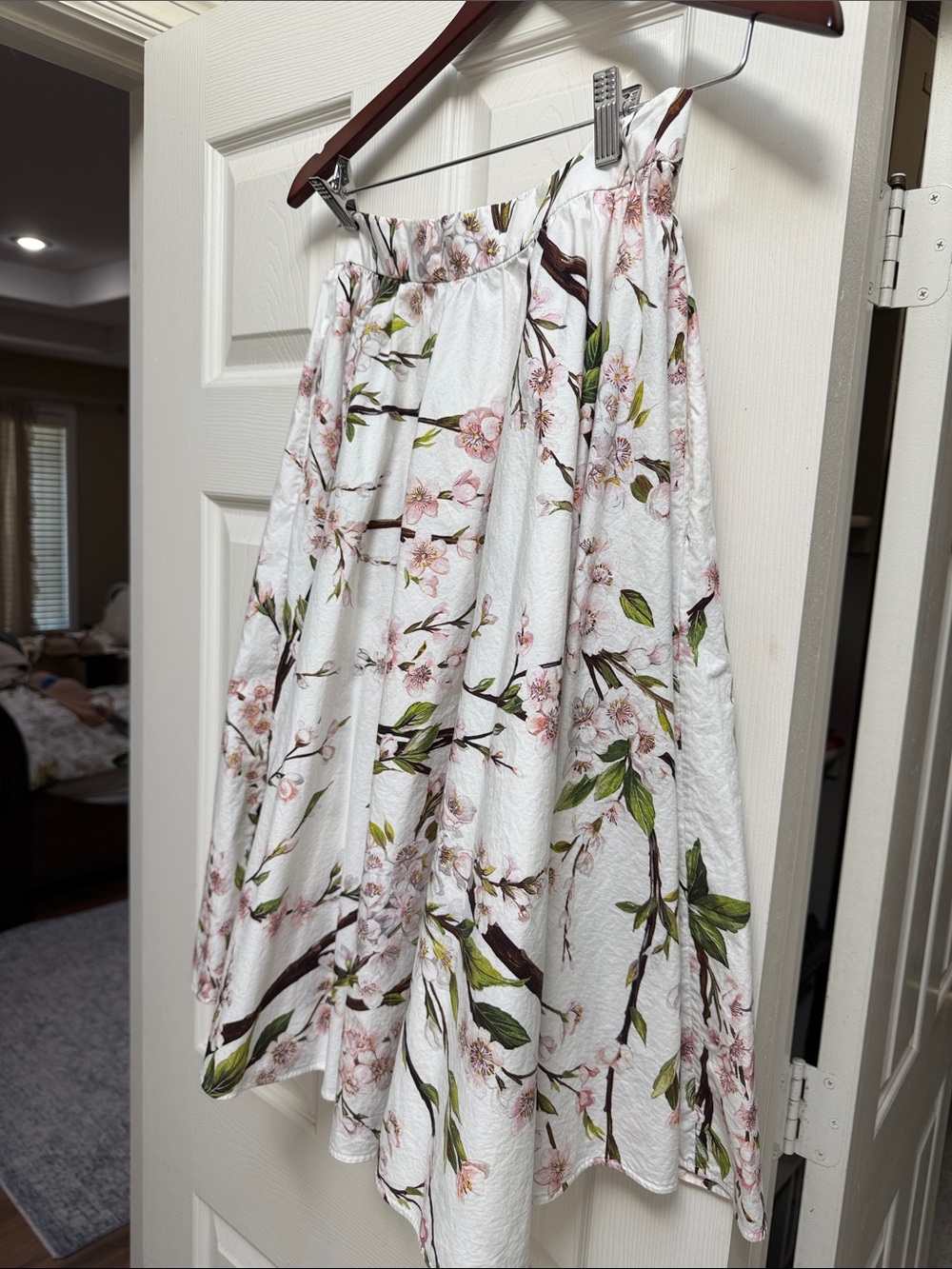 Dolce & Gabbana White Midi Skirt with Pink Blossom and Green Leaf Print